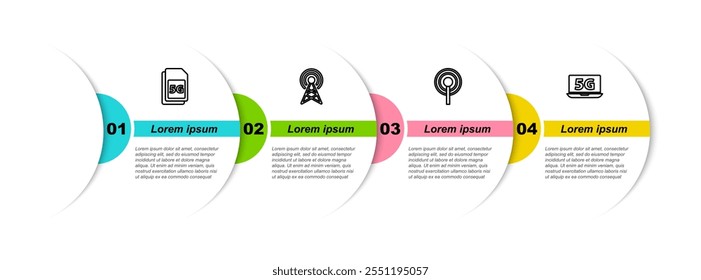 Set line 5G Sim Card, Antenna,  and Laptop with network. Business infographic template. Vector