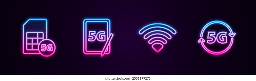 Defina a linha 5G Sim Card, tablet gráfico com, rede sem fio Wi-Fi e . Ícone de néon brilhante. Vetor