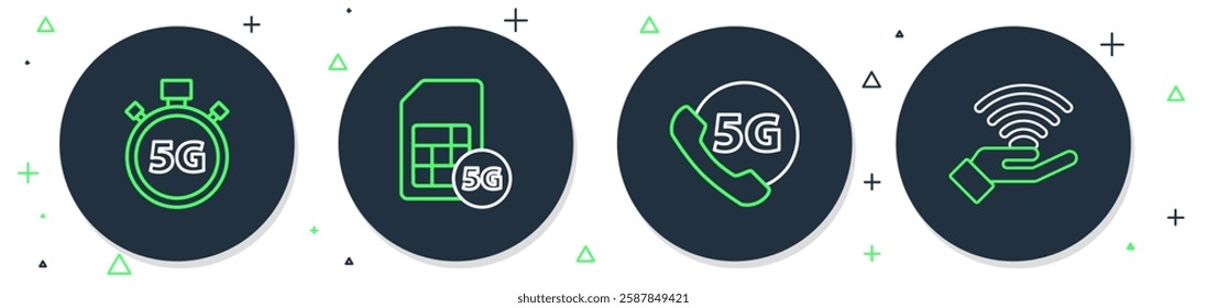 Set line 5G Sim Card, Phone with network, Digital speed meter and  icon. Vector
