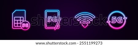 Set line 5G Sim Card, Graphic tablet with, Wi-Fi wireless network and . Glowing neon icon. Vector