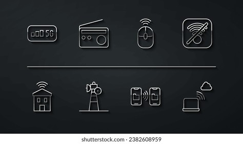 Set line 5G wireless internet, Smart home with wi-fi, No Wi-Fi, Data transfer and storage, Satellite dish, Radio, Network cloud connection and Wireless computer mouse icon. Vector