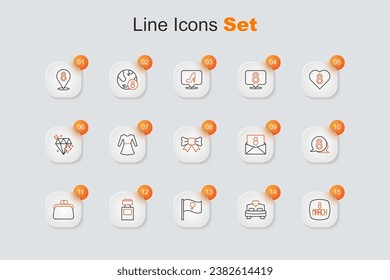 Set line 8 March, Bedroom, Feminist activist, Perfume, Handbag, speech bubble, Envelope with and Gift bow icon. Vector