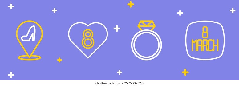 Set line 8 March, Diamond engagement ring, Heart with and Woman shoe icon. Vector