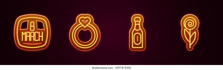 Set line 8 March, Diamond engagement ring, Champagne bottle and Flower. Glowing neon icon. Vector