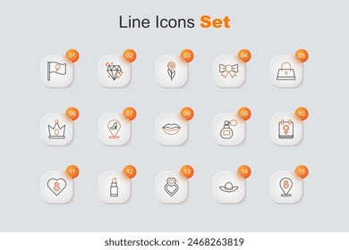 Set line 8 March, Elegant women hat, Heart, Lipstick, with, Calendar, Perfume and Smiling lips icon. Vector