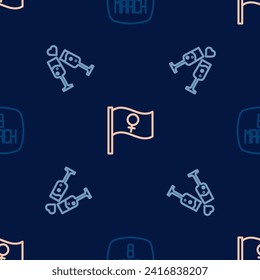 Set line 8 March, Glass of champagne and Feminist activist on seamless pattern. Vector