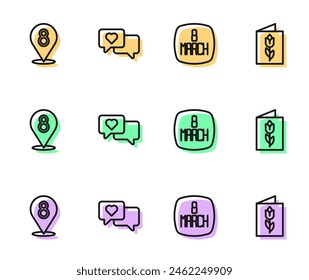 Set line 8 March, Heart in speech bubble and Greeting card with icon. Vector