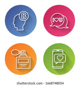 Legen Sie Linie 8 März in menschlichen Kopf, Reden Blase mit Ich liebe dich, Parfüm und Online-Dating-App und Chat. Farbkreisknopf. Vektorillustration