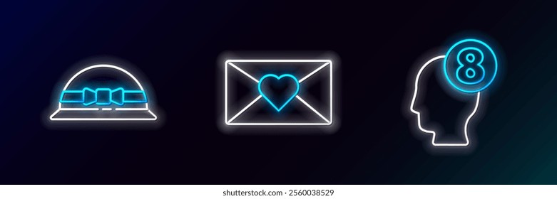 Set line 8 March in human head, Elegant women hat and Envelope with icon. Glowing neon. Vector