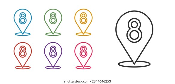 Establece el icono de la línea 8 de marzo aislado en fondo blanco. Día Internacional de la Mujer Feliz. Indique los iconos en colores. Vector
