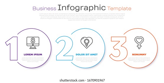 Set line 8 March on monitore, Female gender in heart and Female gender symbol. Business infographic template. Vector