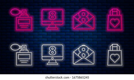 Set line 8 March on monitore, Envelope with 8 March, Perfume and Shopping bag with heart. Glowing neon icon on brick wall. Vector