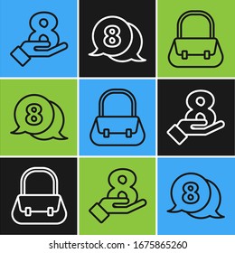 Set line 8 March on hand, Handbag and 8 March in speech bubble icon. Vector