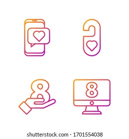 Set line 8 March on monitore, 8 March on hand, Online dating app and chat and Please do not disturb with heart. Gradient color icons. Vector