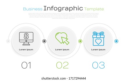 Set line 8 March on monitore, Heart and cursor click and Gift box and heart. Business infographic template. Vector