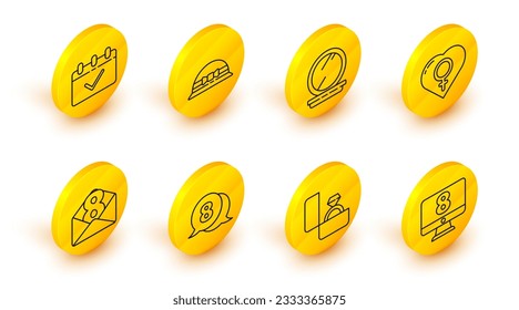 Fijar la línea 8 de marzo en el monitor, anillo de compromiso de diamantes, burbuja de habla, sobre con, corazón de género femenino, espejo de pólvora de maquillaje, sombrero femenino elegante e icono del calendario. Vector