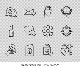 Set line 8 March on hand, Castle key in heart shape, Shopping bag with, Greeting card, speech bubble, Heart cursor click,  and the center of target aim icon. Vector