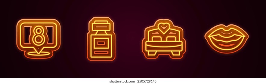 Set line 8 March, Perfume, Bedroom and Smiling lips. Glowing neon icon. Vector