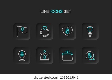 Set line 8 March in speech bubble, Handbag, King crown, Female gender symbol, Heart with, Diamond engagement ring and Feminist activist icon. Vector