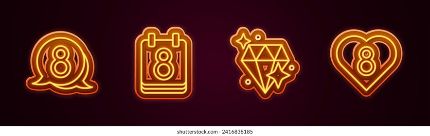Legen Sie Linie 8 März in Sprache Blase, Kalender mit, Diamond und Herz. Leuchtendes Neonsymbol. Vektorgrafik