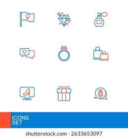 Set line 8 March in speech bubble, Gift box and heart, Woman shoe, Paper shopping bag, Heart, Diamond engagement ring, Perfume and  icon. Vector