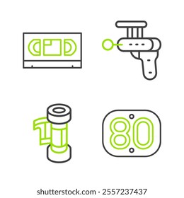 Set line 80s Retro, Camera roll cartridge, Ray gun and VHS video cassette tape icon. Vector