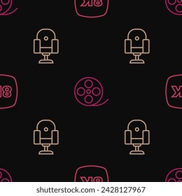 Set line 8k Ultra HD, Director movie chair and Film reel on seamless pattern. Vector