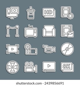 Ajuste línea 8k Ultra HD, CD o DVD disco, Reproducir video, película Hd, cinta, marco, retro tv, barrera de cuerda, cámara extrema de acción e icono de silla de cine. Vector