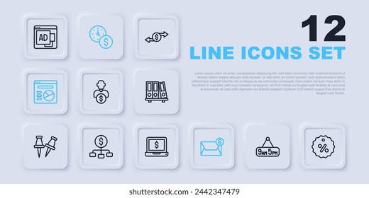 Set line From 9 to 5 job, Discount percent tag, Business investor, Mail and e-mail, Pie chart infographic, Hierarchy with dollar, Time money and Laptop icon. Vector