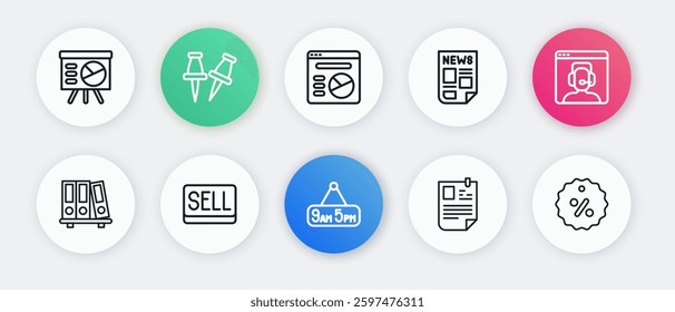 Set line From 9 to 5 job, Telephone 24 hours support, Office folders, Resume, News, Pie chart infographic, Discount percent tag and Sell button icon. Vector