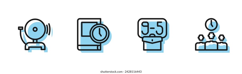 Set line From 9, Ringing alarm bell, Time for book and Management icon. Vector