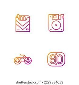 Set line 90s Retro, Gamepad, Cigarettes pack box and Floppy disk. Gradient color icons. Vector