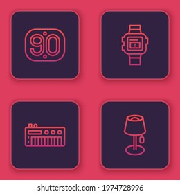 Set line 90s Retro, Music synthesizer, Wrist watch and Floor lamp. Blue square button. Vector