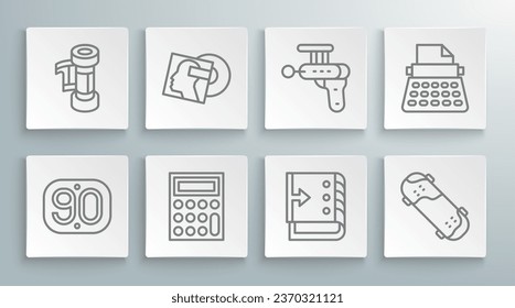 Set line 90s Retro, Vinyl disk, Calculator, Sound mixer controller, Skateboard trick, Ray gun, typewriter and Camera cartridge icon. Vector