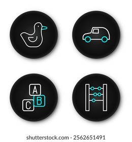 Set line Abacus, ABC blocks, Toy car and Rubber duck icon. Vector