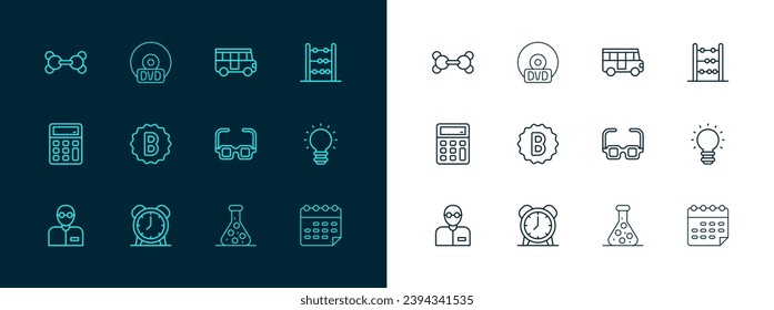 Set line Abacus, Alarm clock, Glasses, Test tube, Exam paper with incorrect answers, School Bus, Molecule and CD DVD disk icon. Vector