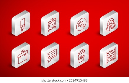 Set line Abacus, Alarm clock, Magnifying glass, Medal with star, Coffee cup to go, USB flash drive, Speech bubbles Question and Briefcase icon. Vector
