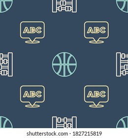 Set line Abacus, Alphabet and Basketball ball on seamless pattern. Vector