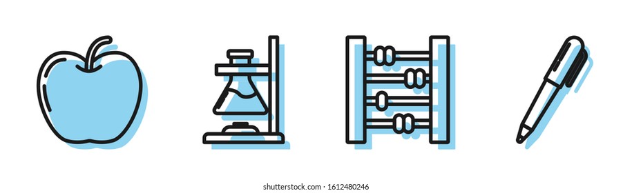 Set line Abacus, Apple, Glass test tube flask on fire and Pen icon. Vector