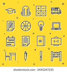 Set line Abacus, Chalkboard, Laptop, Calculator, Basketball ball, Exam paper with incorrect answers, Graduation cap and Light bulb concept of idea icon. Vector