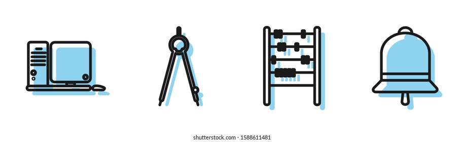 Set line Abacus, Computer monitor with keyboard and mouse, Drawing compass and Ringing bell icon. Vector