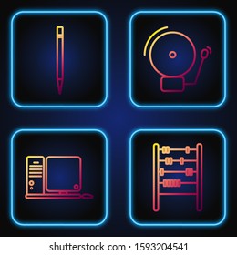 Set line Abacus, Computer monitor with keyboard and mouse, Pencil with eraser and Ringing alarm bell. Gradient color icons. Vector