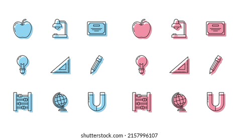 Set line Abacus, Earth globe, Apple, Magnet, Triangular ruler, Pencil with eraser, Light bulb concept of idea and Table lamp icon. Vector