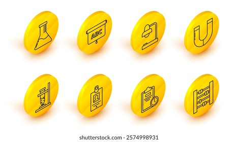 Set line Abacus, Exam sheet with clock, Identification badge, Glass test tube flask fire, Magnet, Table lamp, Chalkboard and Test and chemical laboratory icon. Vector