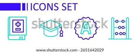 Set line Abacus, Exam sheet with plus grade, Graduation cap and Book mathematics icon. Vector