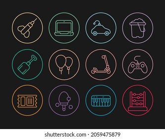 Set line Abacus, Gamepad, Radio controlled car toy, Balloons, Shovel, Dart arrow, Roller scooter and Laptop icon. Vector
