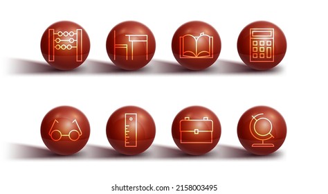 Set line Abacus, Glasses, Calculator, School backpack, Ruler, table and chair, Earth globe and Open book icon. Vector