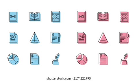Set line Abacus, Infinity, Calculation, Chalkboard, Graph, schedule, chart, diagram, Open book, Calculator and Equation solution icon. Vector