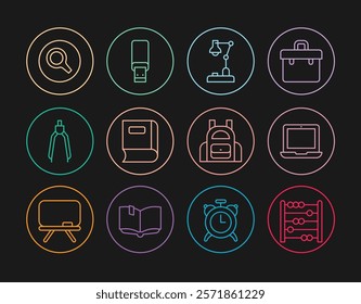 Set line Abacus, Laptop, Table lamp, Book, Drawing compass, Magnifying glass, School backpack and USB flash drive icon. Vector