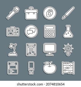 Set line Abacus, Light bulb, Test tube, Ear listen sound signal, Speech bubble chat, Identification badge, Microphone and Calculator icon. Vector